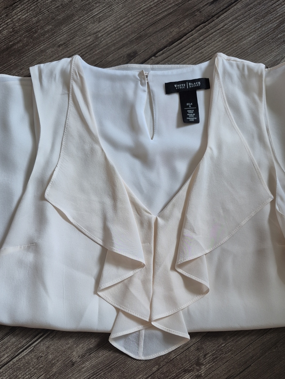 White House Black Market Cream Ruffle V-Neck Silk Blouse